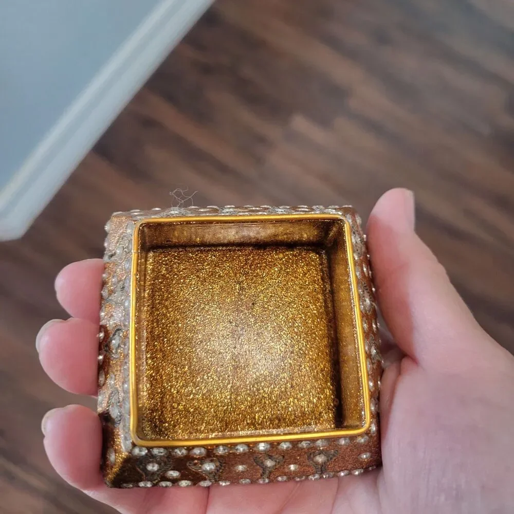 Vintage Pier 1 Jeweled Trinket Box Square Hexagon Jewelry Small 3x3x1 Gold Boho